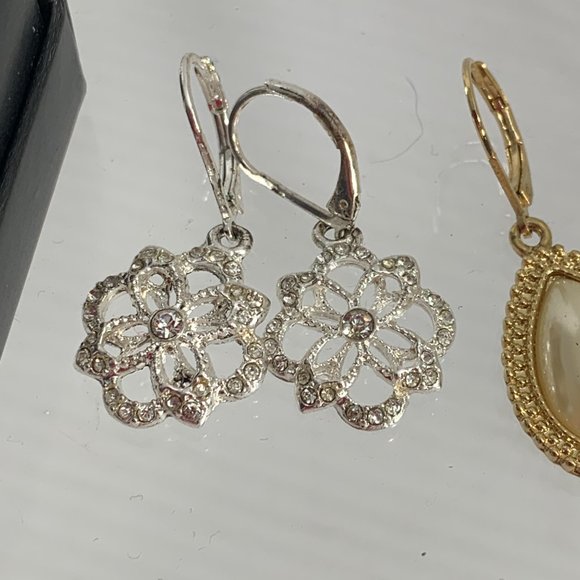 Lot of 3 Dangle Earrings Gold Tone Silver Tone Rhinestones Bling Faux Pearl - Picture 3 of 5